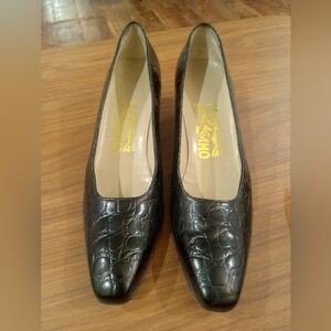 Salvatore Ferragamo Black Croc-Embossed Leather Square-Toe Pumps